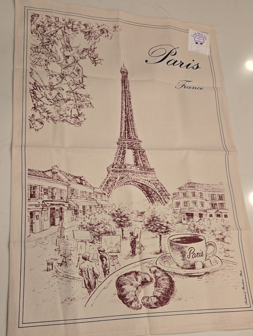 Paris Scenic Wash Cloth - Beige with Maroon Print. Made in FRANCE.